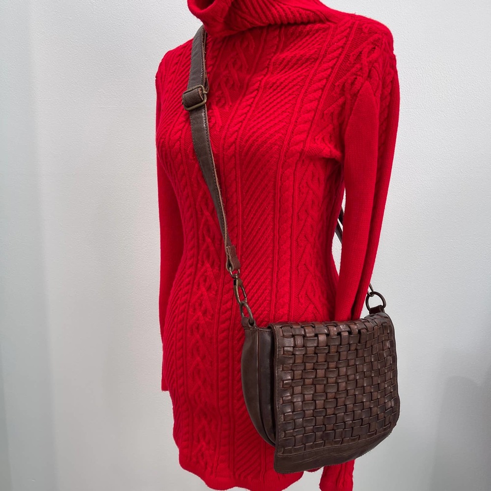 Brown Woven Leather Adjustable Strap Small Crossbody Purse Bag Distressed Travel - Picture 5 of 16